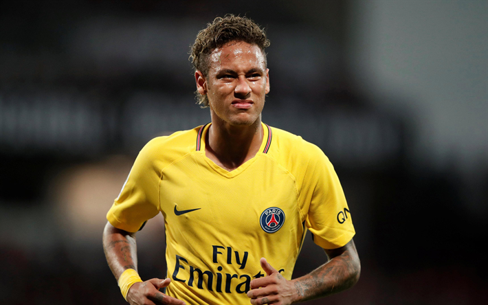 Neymar Jr, Brasiliansk fotbollsspelare, PSG, missn&#246;jd, Paris Saint-Germain, portr&#228;tt, gul uniform PSG