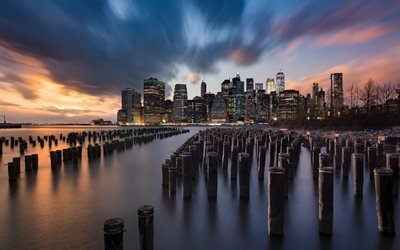 New York, kv&#228;ll, stadens ljus, skyskrapor, stadsbilden, USA