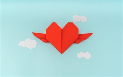 red paper heart, blue background, origami heart, paper clouds, heart with wings