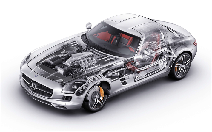 Mercedes-Benz SLS AMG, en 2017, le Sport Leicht Super, C197, supercar, voiture diagramme de SLS dans la section moteur, bo&#238;te de vitesses, roue de voiture, Mercedes