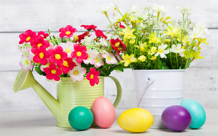 Easter eggs, watering can for flowers, spring flowers, Easter, decoration, paper flowers