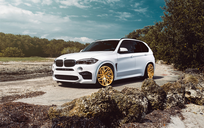 BMW X5 M, 2018, 4k, white luxury SUV, tuning, gold wheels, white X5M, German cars, BMW