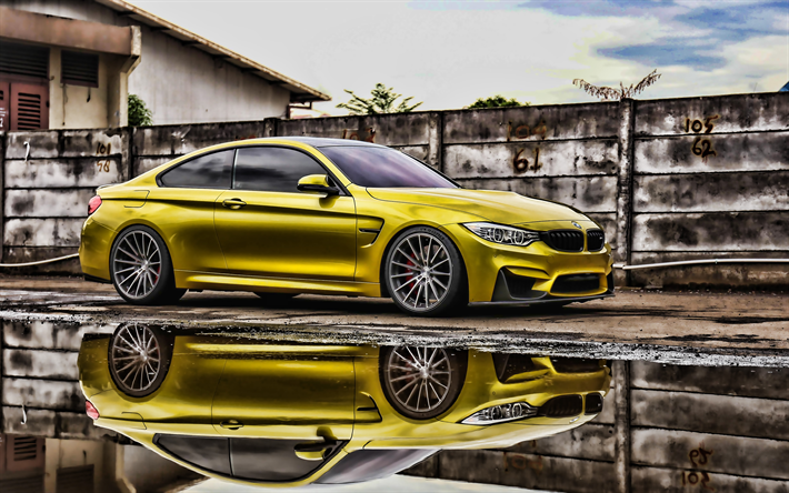Golden BMW M4, 4k, HDR, messa a punto, F82, 2019 auto, M Performance bmw f82, BMW M4, tuning, golden M4, auto tedesche, BMW