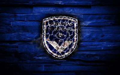 Bordeaux FC, fiery logo, Ligue 1, blue wooden background, french football club, grunge, FC Girondins de Bordeaux, football, soccer, Bordeaux logo, fire texture, France