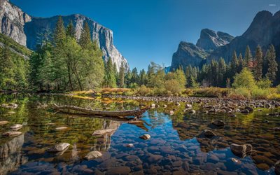 mountain river, morning, sunrise, mountain landscape, rocks, mountains, Yosemite National Park, California, USA