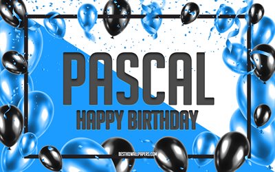 お誕生日おめでとうパスカル, 誕生日用風船の背景, パスカル, 名前の壁紙, パスカルお誕生日おめでとう, 青い風船の誕生日の背景, パスカルの誕生日