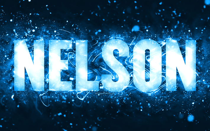 عيد ميلاد سعيد نيلسون, 4k, أضواء النيون الزرقاء, اسم نيلسون, خلاق, عيد ميلاد نيلسون, أسماء الذكور الأمريكية الشعبية, صورة باسم نيلسون, نيلسون