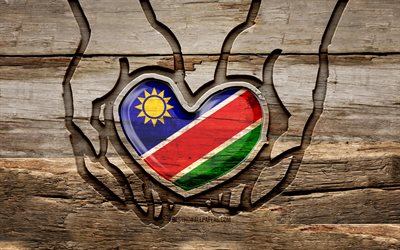 I love Namibia, 4K, wooden carving hands, Day of Namibia, Namibian flag, Flag of Namibia, Take care Namibia, creative, Namibia flag, Namibia flag in hand, wood carving, african countries, Namibia