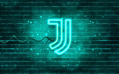 Juventus FC turquoise logo, 4k, turquoise brickwall, Juventus FC logo, brands, Juve, Juventus FC neon logo, Juventus FC, Juventus logo