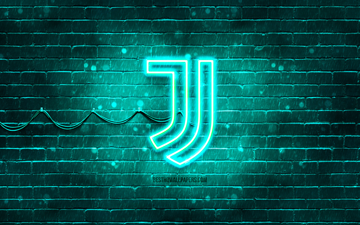 Juventus FC turquoise logo, 4k, turquoise brickwall, Juventus FC logo, brands, Juve, Juventus FC neon logo, Juventus FC, Juventus logo