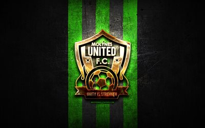 Molynes United FC, golden logo, Jamaica Premier League, green metal background, football, jamaican football club, Molynes United logo, soccer, Molynes United