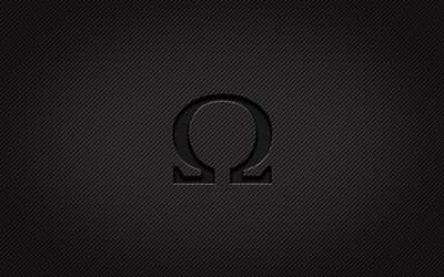 Omega carbon logo, 4k, grunge art, carbon background, creative, Omega black logo, brands, Omega logo, Omega