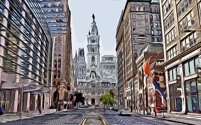 Philadelphia, 4k, vector art, Philadelphia drawing, creative art, Philadelphia art, vector drawing, Philadelphia City Hall, Philadelphia cityscape, Pennsylvania, USA