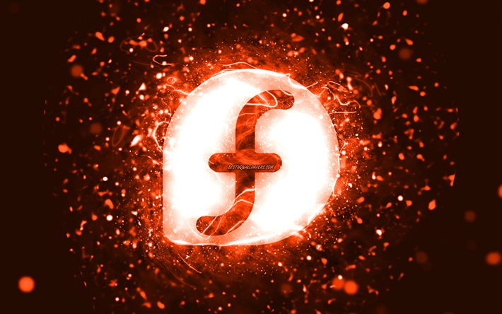 fedora orange logotyp, 4k, orange neonljus, kreativ, orange abstrakt bakgrund, fedora logotyp, linux, fedora