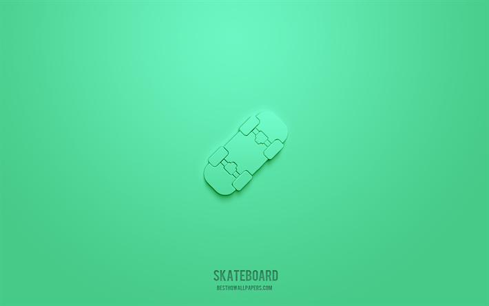 skateboard 3d icon, green background, 3d symbols, skateboard, sport icons, 3d icons, skateboard sign, sport 3d icons