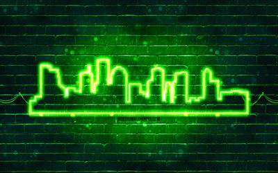 Houston green neon silhouette, 4k, green neon lights, Houston skyline silhouette, green brickwall, american cities, neon skyline silhouettes, USA, Houston silhouette, Houston