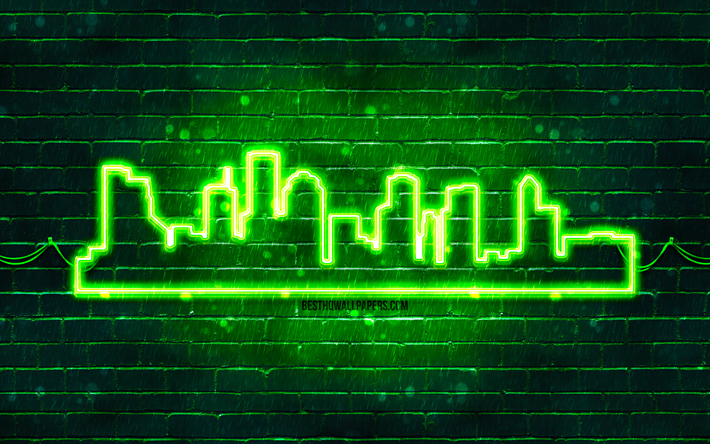 houston vert n&#233;on silhouette, 4k, vert n&#233;on, houston skyline silhouette, mur de briques vert, les villes am&#233;ricaines, n&#233;on skyline silhouettes, etats-unis, houston silhouette, houston