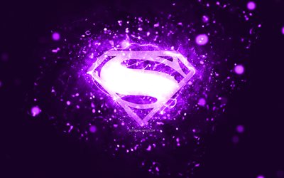 Superman violet logo, 4k, violet neon lights, creative, violet abstract background, Superman logo, superheroes, Superman