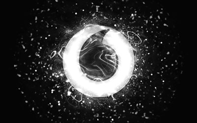 logotipo blanco de vodafone, 4k, luces de ne&#243;n blancas, creativo, fondo abstracto negro, logotipo de vodafone, marcas, vodafone