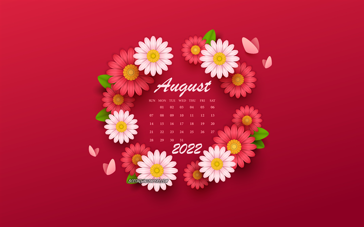 calendario agosto 2022, 4k, sfondo con fiori, fiori diversi, calendari estivi 2022, calendari agosto 2022