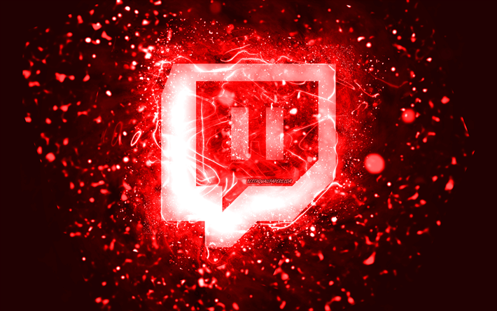logotipo rojo de twitch, 4k, luces de ne&#243;n rojas, creativo, fondo abstracto rojo, logotipo de twitch, red social, twitch