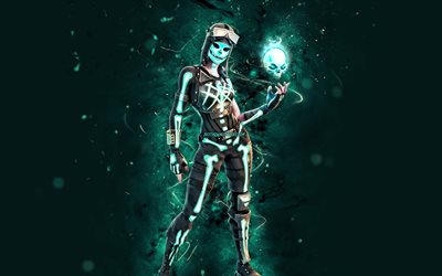 Skeletara, 4k, turquoise neon lights, Fortnite Battle Royale, Fortnite characters, Skeletara Skin, Fortnite, Skeletara Fortnite