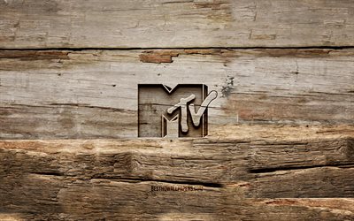 MTV wooden logo, 4K, wooden backgrounds, Music Television, MTV logo, creative, wood carving, MTV