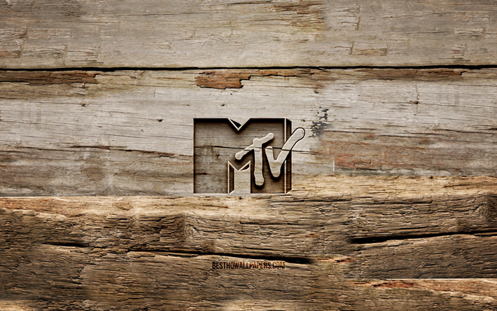 mtv木製ロゴ, 4k, 木製の背景, 音楽テレビ, mtvロゴ, クリエイティブ, 木彫り, mtv
