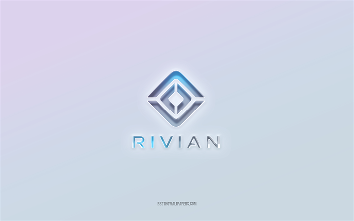 logotipo de rivian, texto 3d recortado, fondo blanco, logotipo de rivian 3d, emblema de rivian, rivian, logotipo en relieve, emblema de rivian 3d