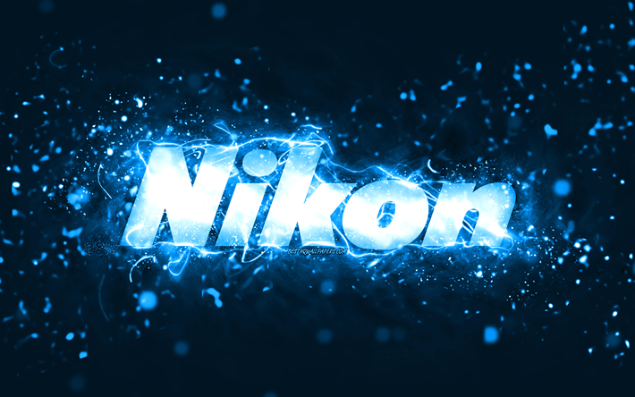 logo blu nikon, 4k, luci al neon blu, sfondo astratto blu creativo, logo nikon, marchi, nikon