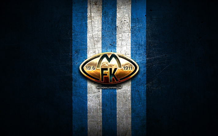 molde fc, gyllene logotyp, eliteserien, bl&#229; metall bakgrund, fotboll, norsk fotbollsklubb, molde fk logotyp, molde fk