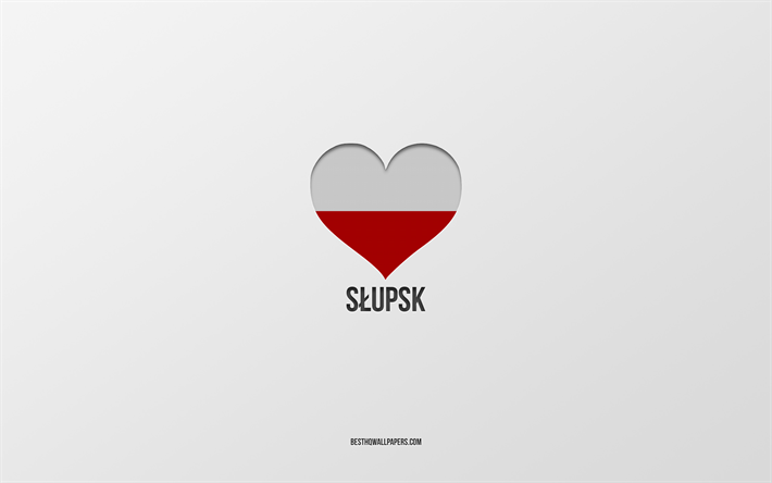 amo slupsk, ciudades polacas, d&#237;a de slupsk, fondo gris, slupsk, polonia, coraz&#243;n de la bandera polaca, ciudades favoritas, love slupsk