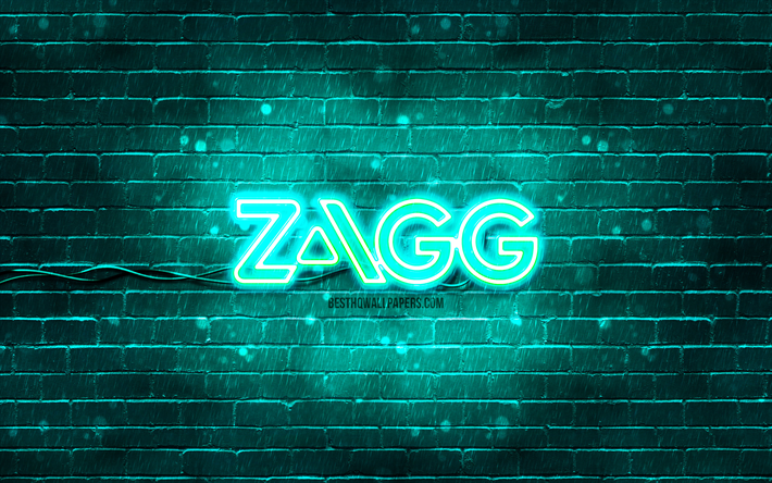 شعار zagg باللون الفيروزي, 4k, brickwall الفيروز, شعار zagg, العلامات التجارية, شعار zagg النيون, زاغ