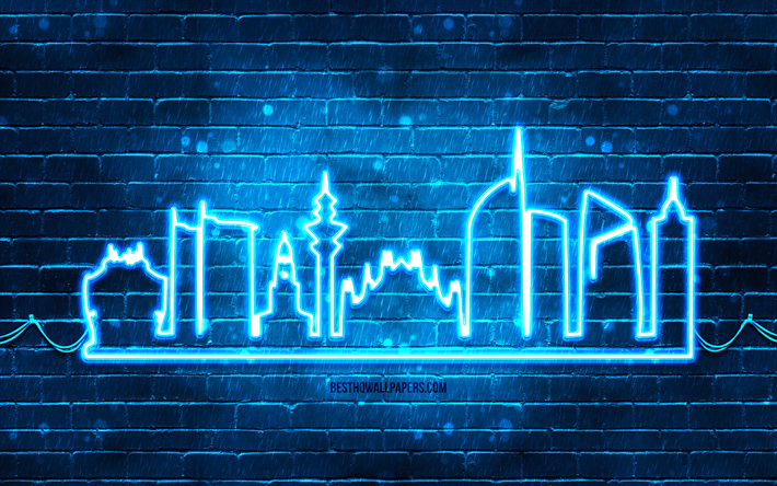 silhouette de n&#233;on bleu de milan, 4k, n&#233;ons bleus, silhouette d horizon de milan, mur de briques bleu, villes italiennes, silhouettes d horizon de n&#233;on, italie, silhouette de milan, milan