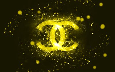chanelin keltainen logo, 4k, keltaiset neonvalot, luova, keltainen abstrakti tausta, chanel-logo, muotimerkit, chanel