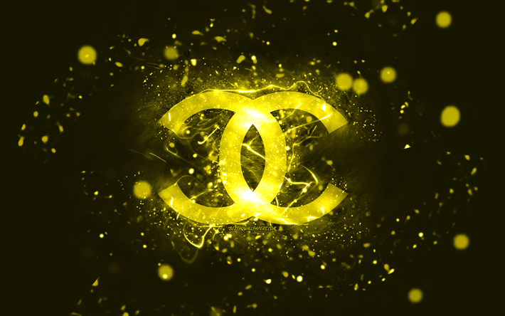 Chanel yellow logo, 4k, yellow neon lights, creative, yellow abstract background, Chanel logo, fashion brands, Chanel