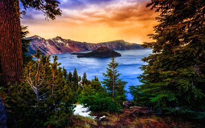 Crater Lake, sunset, winter, mountains, american landmarks, Oregon, USA, America, HDR