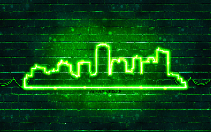 صورة ظلية نيون خضراء فينيكس, 4k, أضواء النيون الخضراء, أفق فينيكس خيال, لبنة خضراء, المدن الأمريكية, صورة ظلية أفق النيون, الولايات المتحدة الأمريكية, صورة ظلية فينيكس, فينيكس