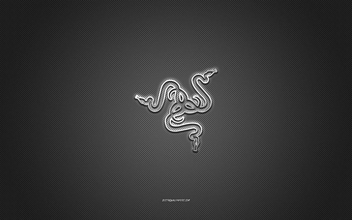 Razer logo, metal emblem, white carbon texture, Razer, brands, white background, Razer emblem