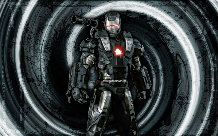 4k, war machine armor mark i, grauer grunge-hintergrund, superhelden, marvel-comics, vortex, james rhodes, war machine 4k