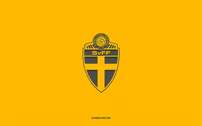 schwedische fu&#223;ballnationalmannschaft, gelber hintergrund, fu&#223;ballmannschaft, emblem, uefa, schweden, fu&#223;ball, logo der schwedischen fu&#223;ballnationalmannschaft, europa