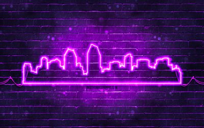 San Diego violet neon silhouette, 4k, violet neon lights, San Diego skyline silhouette, violet brickwall, american cities, neon skyline silhouettes, USA, San Diego silhouette, San Diego