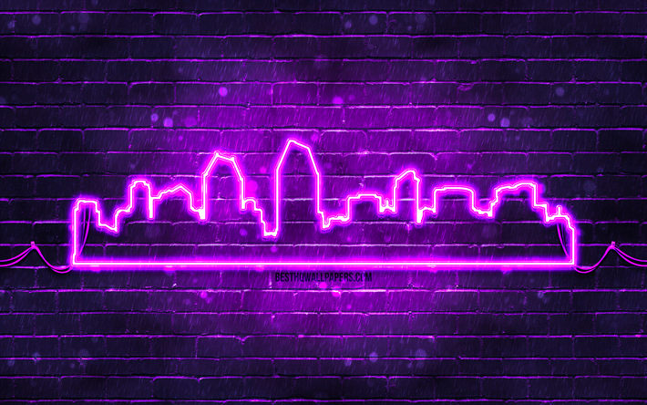 san diego violette neonsilhouette, 4k, violette neonlichter, san diego skyline silhouette, violette brickwall, amerikanische st&#228;dte, neon skyline silhouetten, usa, san diego silhouette, san diego
