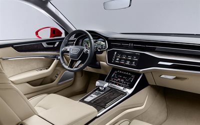 Audi A6, 2019, 4k, interior, view inside, luxury sedan, white interior, new A6, German cars, Audi