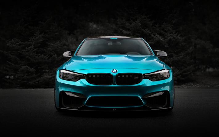 BMW M3, 2018, F80, front view, tuning, M Package, bright blue M3, German sports cars, BMW