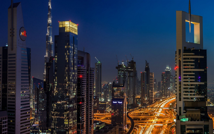 Dubai, EMIRATOS &#225;rabes unidos, noche, rascacielos, luces de la ciudad, Emiratos &#193;rabes Unidos
