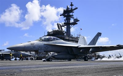 McDonnell Douglas FA-18 Hornet, FA-18F, Super Hornet, American fighter bomber, attack aircraft, US Navy, American aircraft carrier, deck of aircraft carrier, USA, carrier aviation