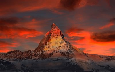 4k, Matterhorn, mountain peak, winter, sunset, mountains, Alps, Switzerland, Europe
