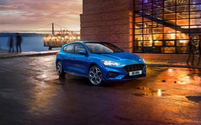 Ford Focus ST Hattı, 2018, mavi hatchback, spor versiyonu, yeni mavi Odak, dış, Amerikan otomobil, Ford