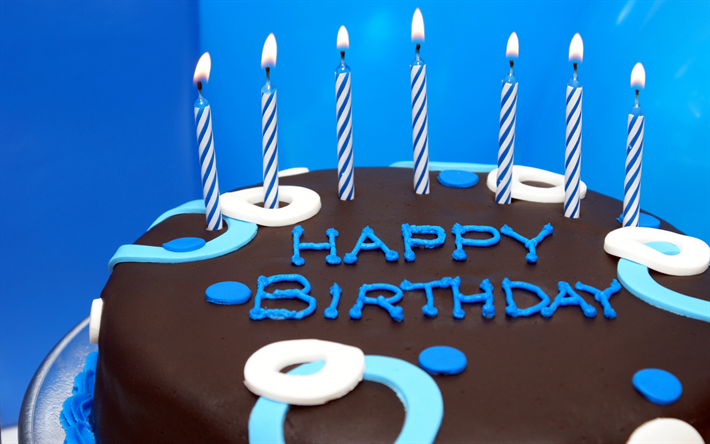 Buon Compleanno, torta al cioccolato, candele, torta di compleanno, congratulazioni, candele accese, la torta su sfondo blu